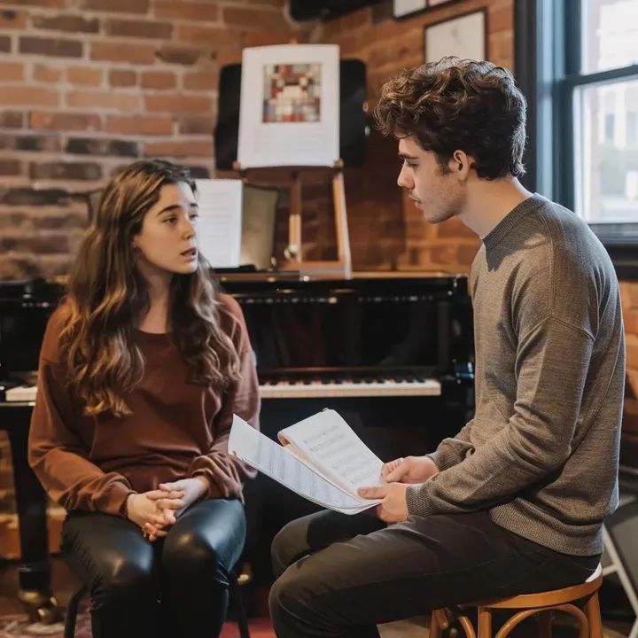 Voice teacher guiding young student during singing lesson in Fort Myers studio