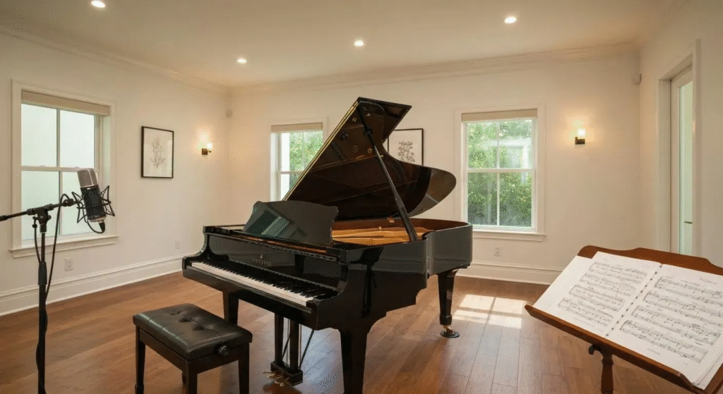 Professional piano in private lesson room at Naples music school