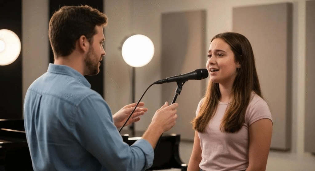 A music teacher coaching a young girl as she sings into a studio microphone, with a piano behind them