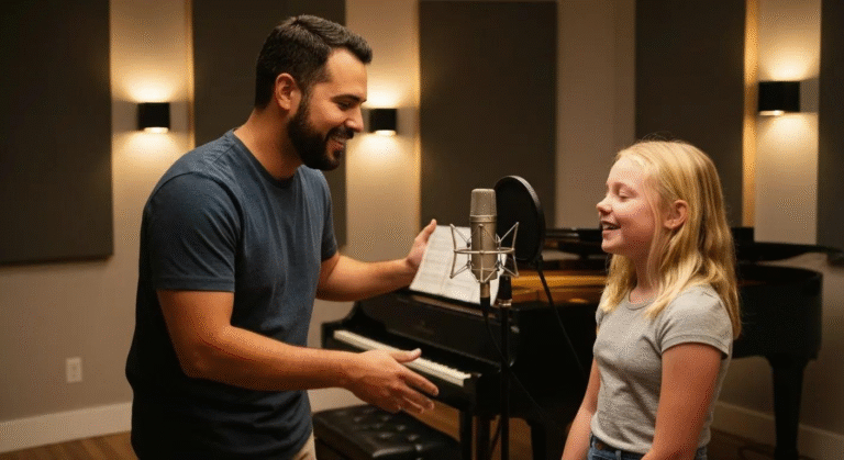A vocal instructor guiding a young girl during a voice lesson in a professional studio, with a piano in the background